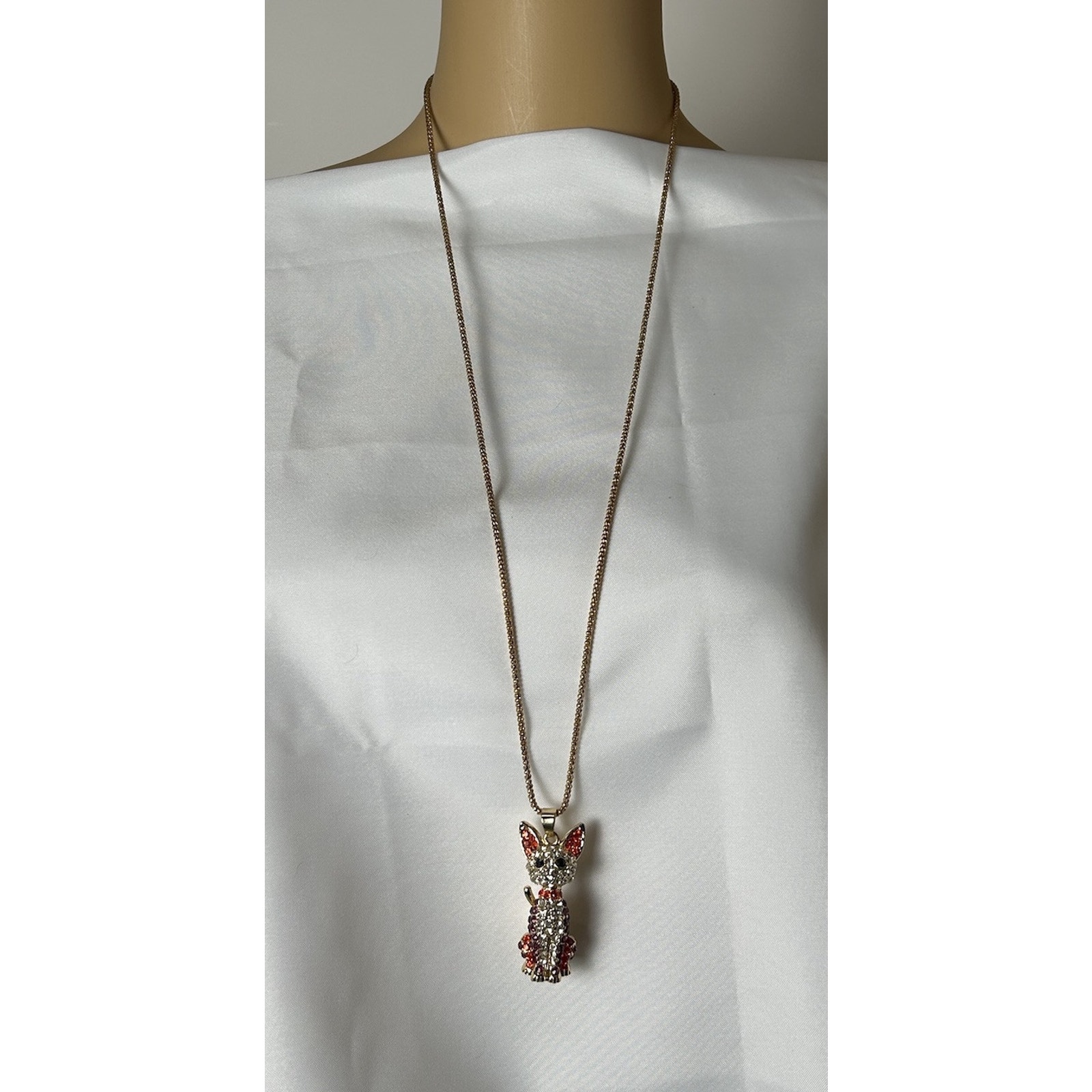 Adorable Gold Tone Betsy Johnson Whimsical Kitty Necklace Adorned With Crystals